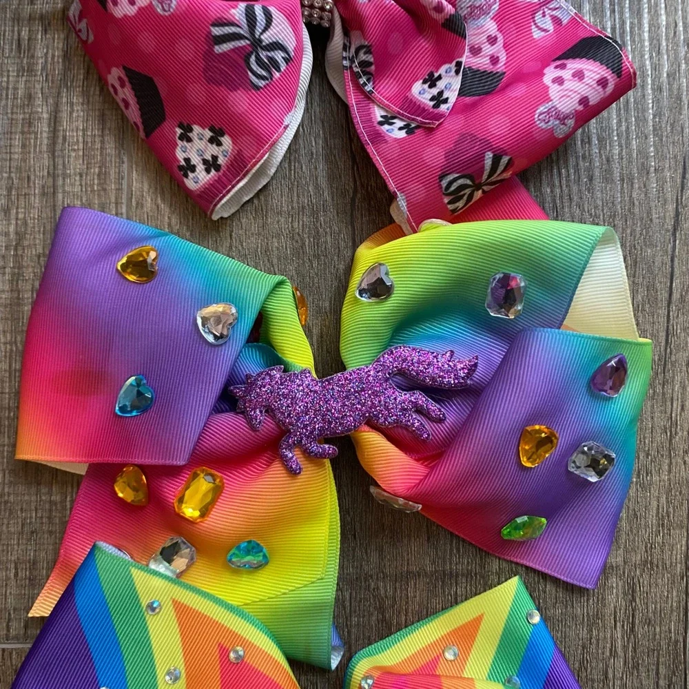 JoJo Siwa Signature Hair Bows Bundle 3pc Rainbow Unicorn Cupcake Rhinestone 7in